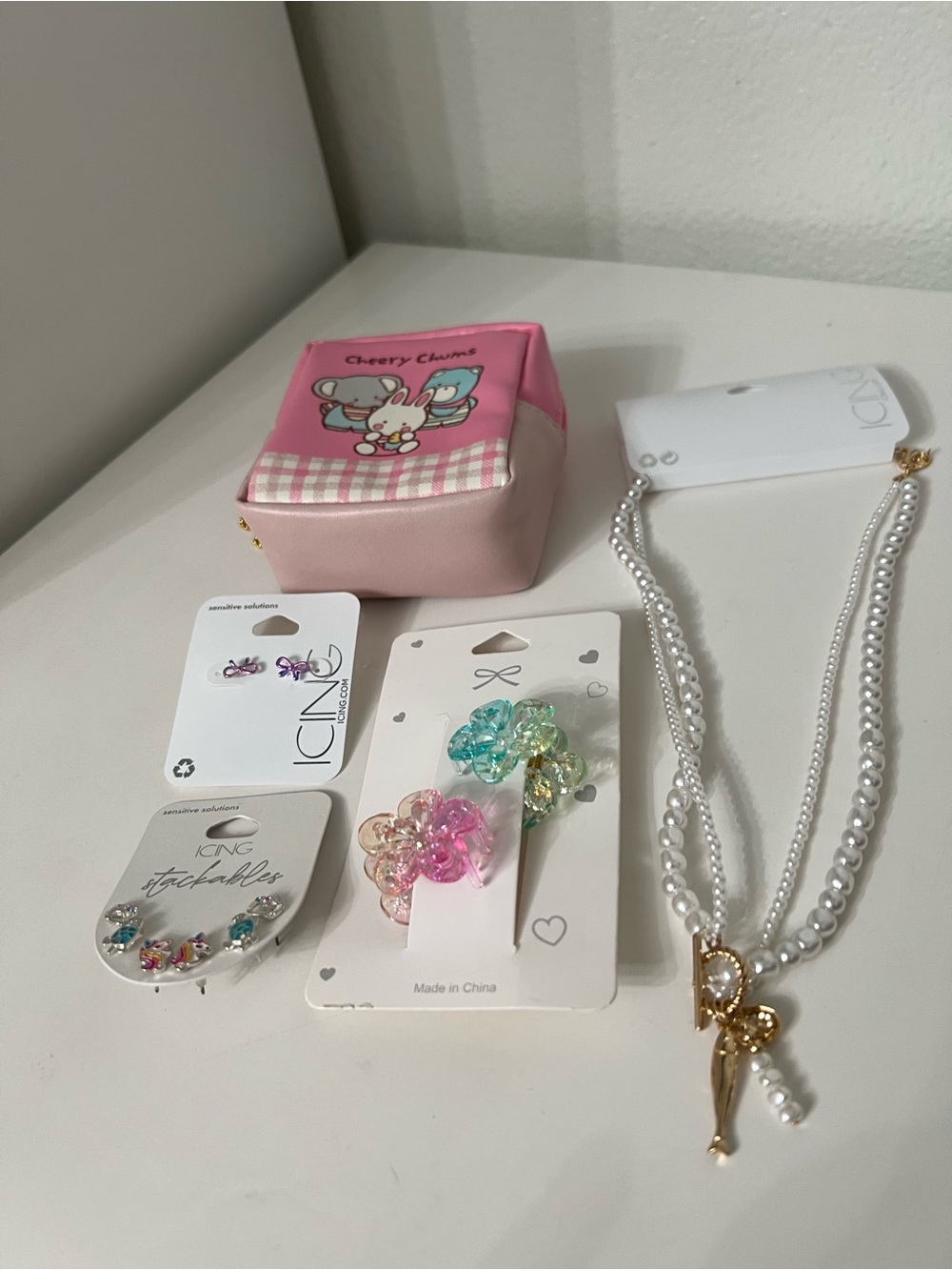 Icing Pink Cherry Charm Pouch with Pearl Necklace & Colorful Hair Clips